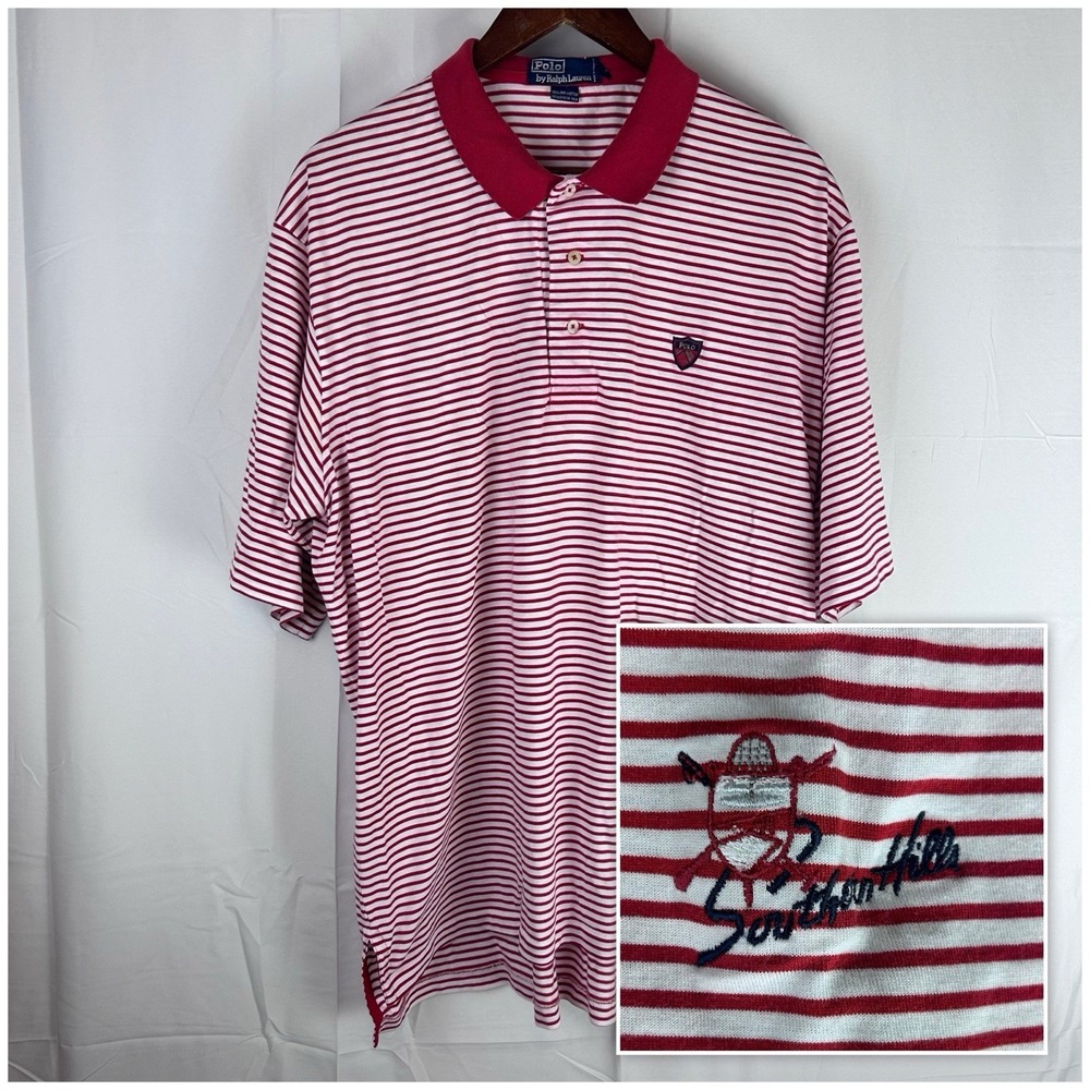 Polo Ralph Lauren Mens XL Striped Polo Red White Southern Hills Golf‎ Club Crest